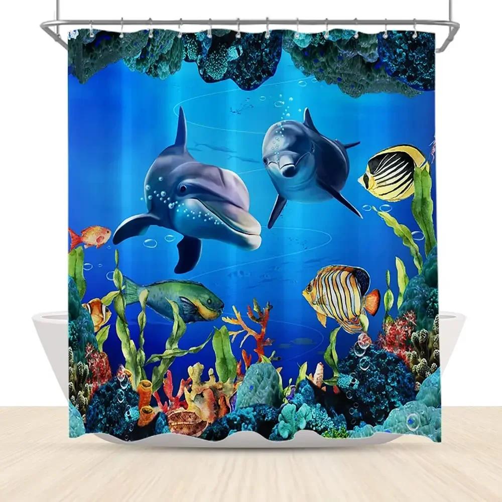 Dolphin Shower Curtain Sea Theme Shower Curtain Hook Washable Dolphin Waterproof 3D Animals Shower Curtain for Bathroom Decor