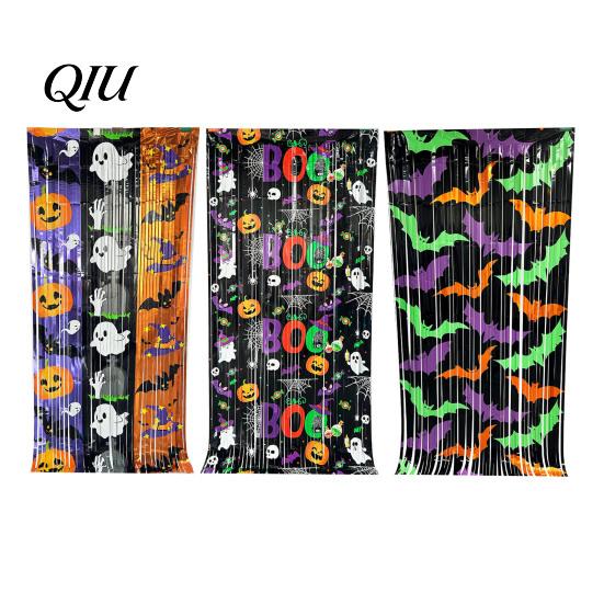 Halloween Backdrop Curtain Foil Fringe for Halloween, Orange Purple Black Background Shiny Tinsel Photo Booth Props, Pumpkin Ghost Bat Party