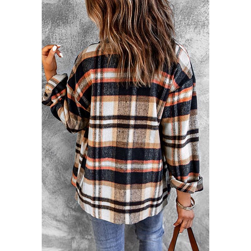 Women Vintage Plaid Long Sleeve Shirt Loose Color Collision Lapel Tops Jacket