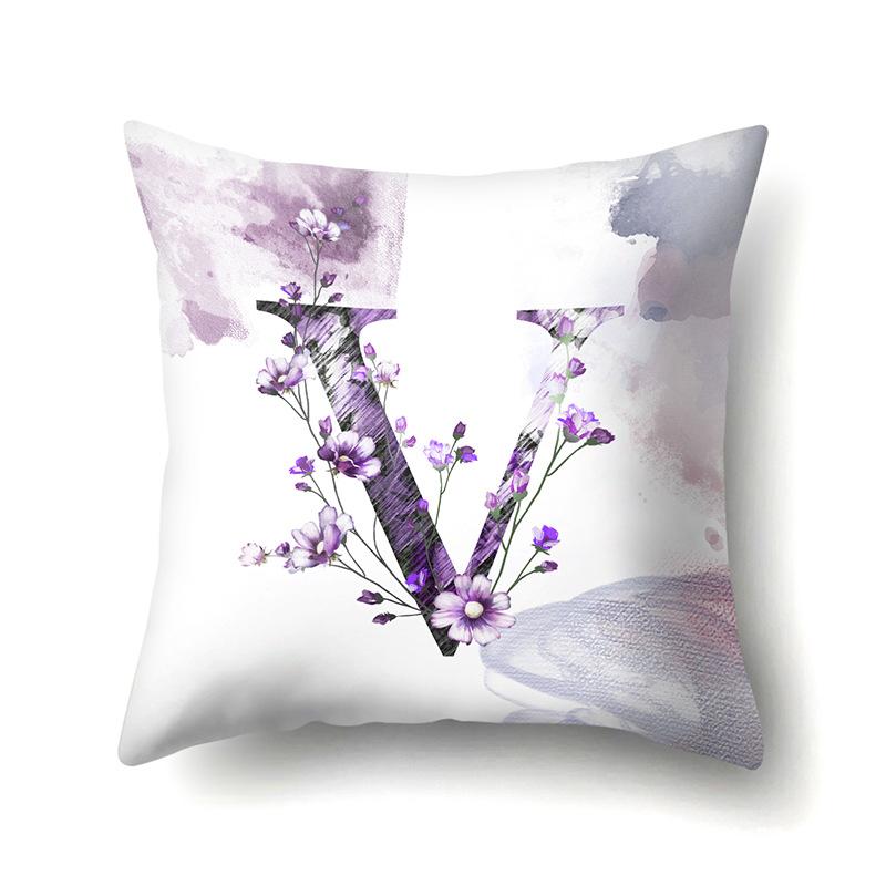 Polyester Pillowcase Home Watercolor Flower Print Pillowcase 26 English Letters Bedside Cushion Cover