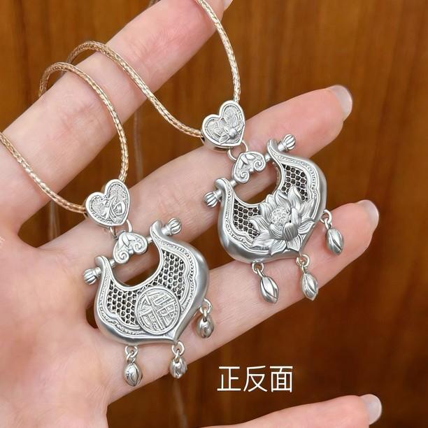 Silver Ruyi Lily Flower Tassel Lock Pendant New Chinese Style Long Sweater Chain Necklace Accessory Jewelry