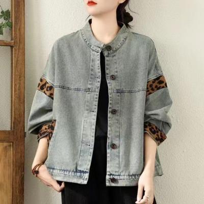 Damen Vintage Jacken Stehkragen Langarm Patchwork Leopardenmuster Mäntel Frühling Knopf Freizeitjacken