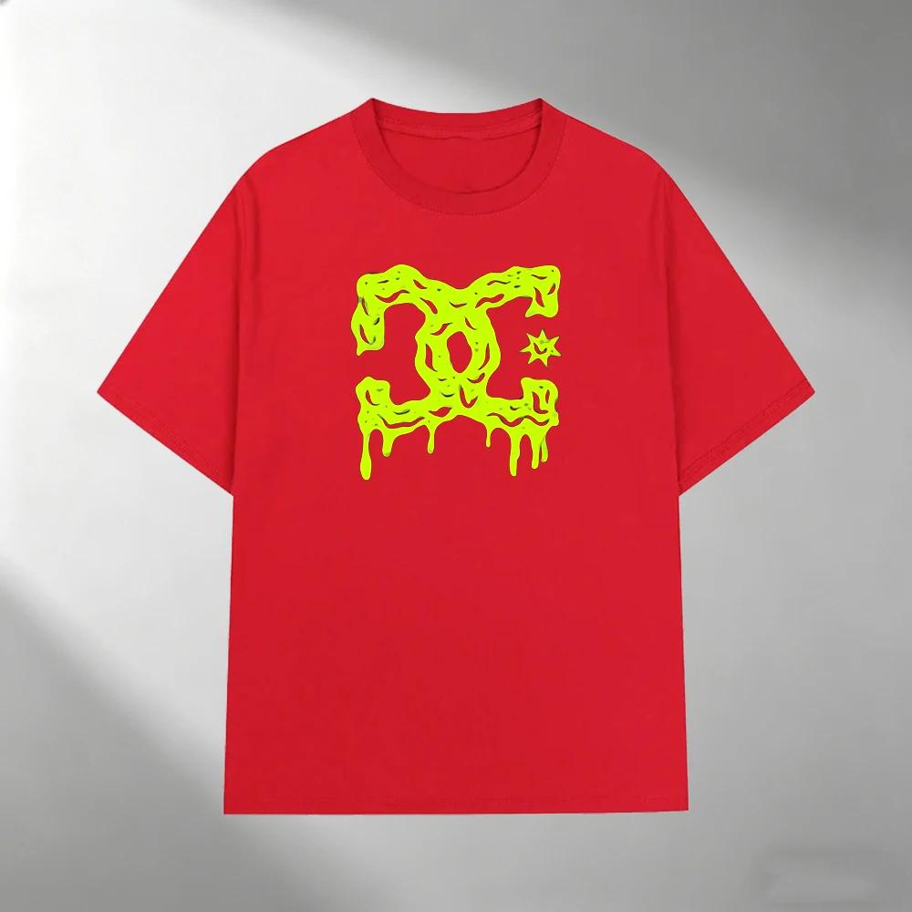Unisex Pure Cotton T Shirt Fluorescent Green Melting Logo Print Short Sleeve Top Casual Streetwear Loose Male Summer Daily Wear Tee