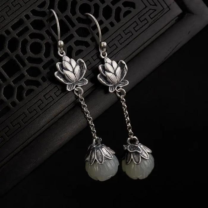Original Natural Hetian White Jade Lotus Long Earrings Chinese Retro Light Luxury Charm Women's Brand Jewelry