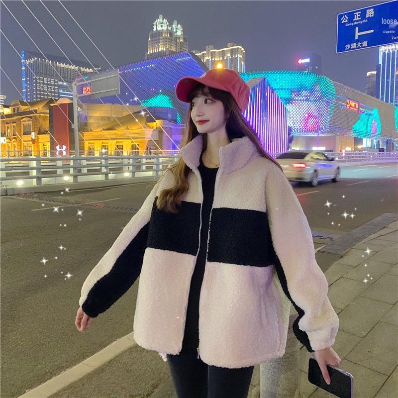 Women's Trendy Korean-Style Color Block Fleece-Lined Lambswool Long Sleeve (Autumn/Winter)