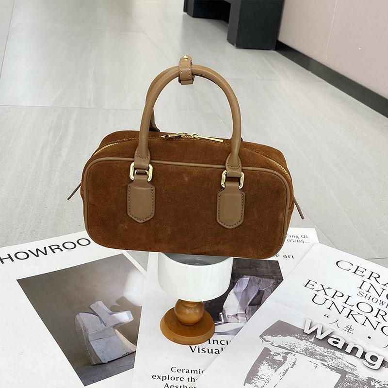 Autumn New Versatile Simple Bowling Leather Matte Leather Suede Shoulder Messenger Women's Bag Retro Handbag