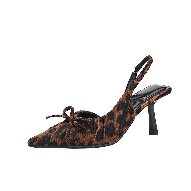 

New high heels summer pointed head stiletto sandals leopard print bow fashion shoes 35