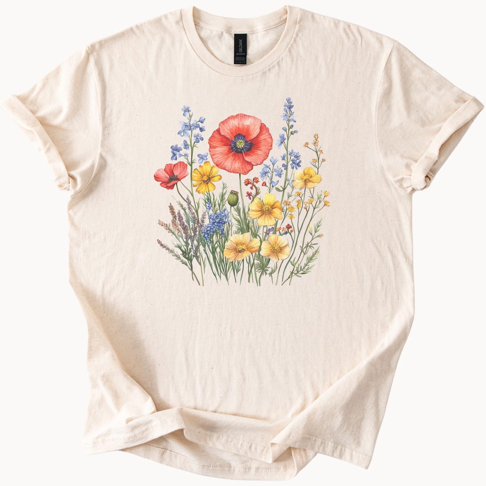 Wildflower Garden Graphic T Shirt Colorful Floral Poppy and Meadow Flowers Nature Inspired Botanical Art Tee Gift for Flower Lovers 150