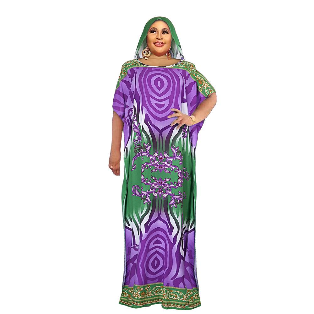 Color Block Chiffon Dress with Headscarf - Plus Size African Muslim Women's Long Robe
