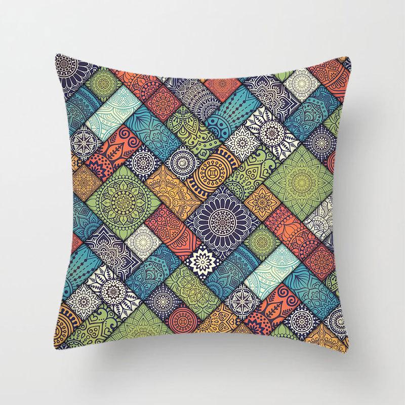 Household Stitching Colorful Mandala Printed Pillow Cover Bedroom Sofa Cushion Peach Leather Velvet Cushion Cover