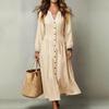 Women's Long Sleeve Stand Collar Maxi Dress with Single-Breasted Waist-Cinching Flared Hem for Vacation