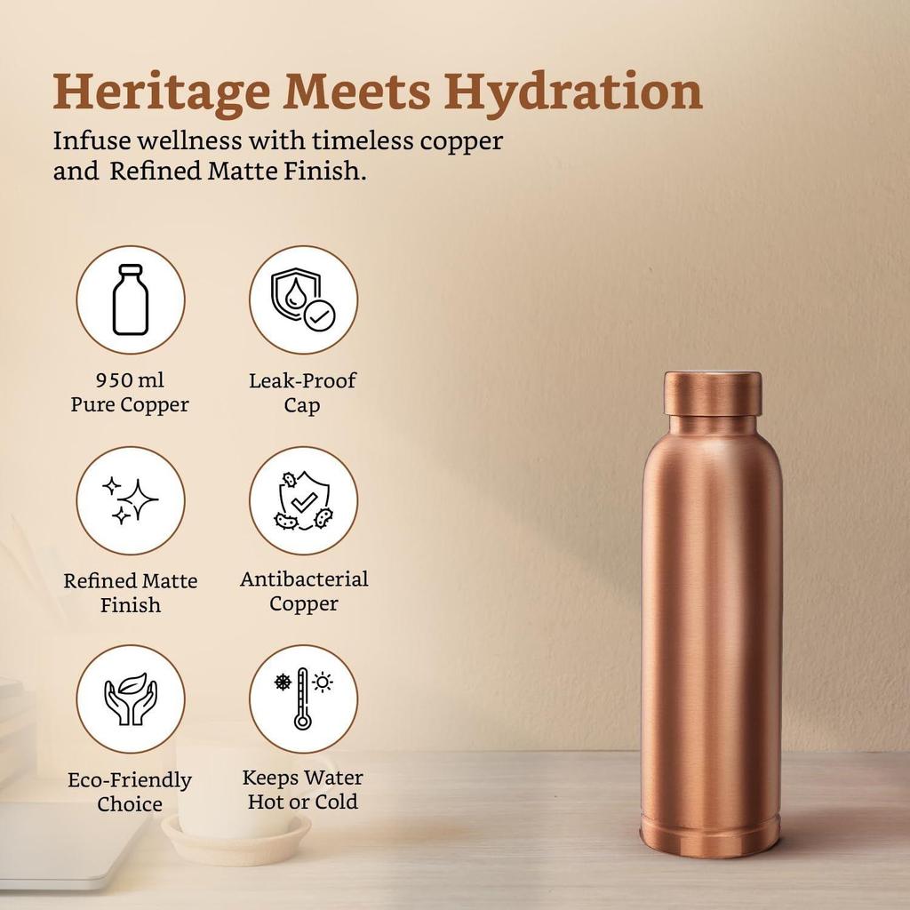 Copper Leak-Proof Mat Finish Bottles | 950 Ml | Pure Copper | Elegant Matte Texture | Daily Wellness Bottle