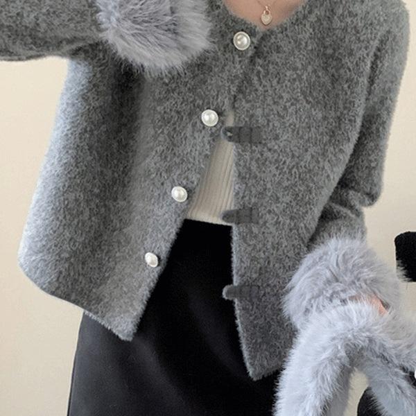 With Fur Collar Small Fragrant Style Imitation Mink Velvet Jacket Women's Autumn and Winter New Loose and Thin Gray Cardigan Top