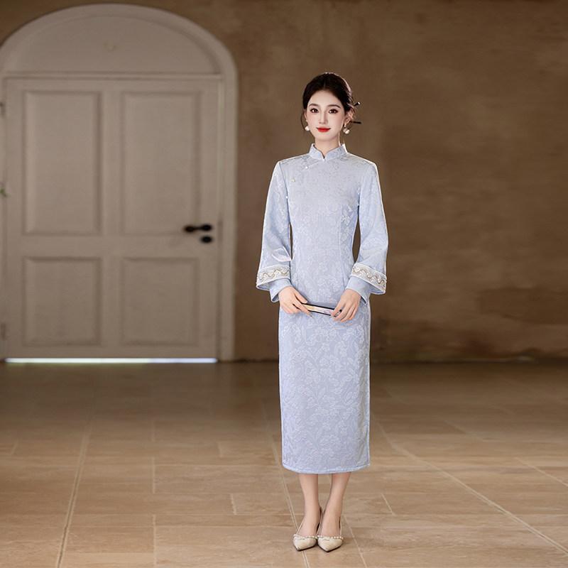 Blue national style new Chinese Suzhou long-sleeved autumn cheongsam improved young 1011 new women's high sense