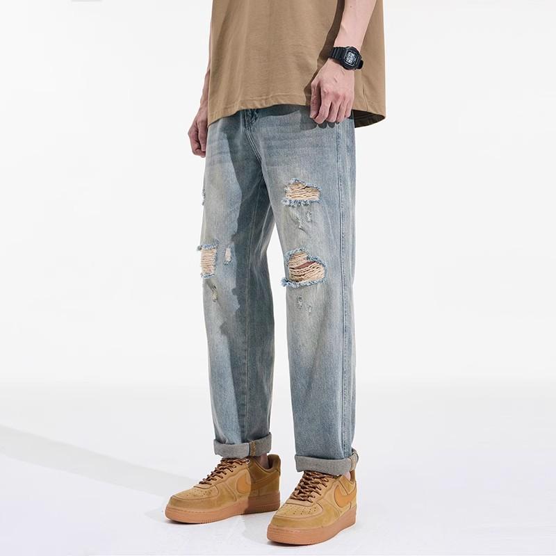 Ripped jeans men's new spring and summer washed pants men's loose straight casual versatile beggar trousers