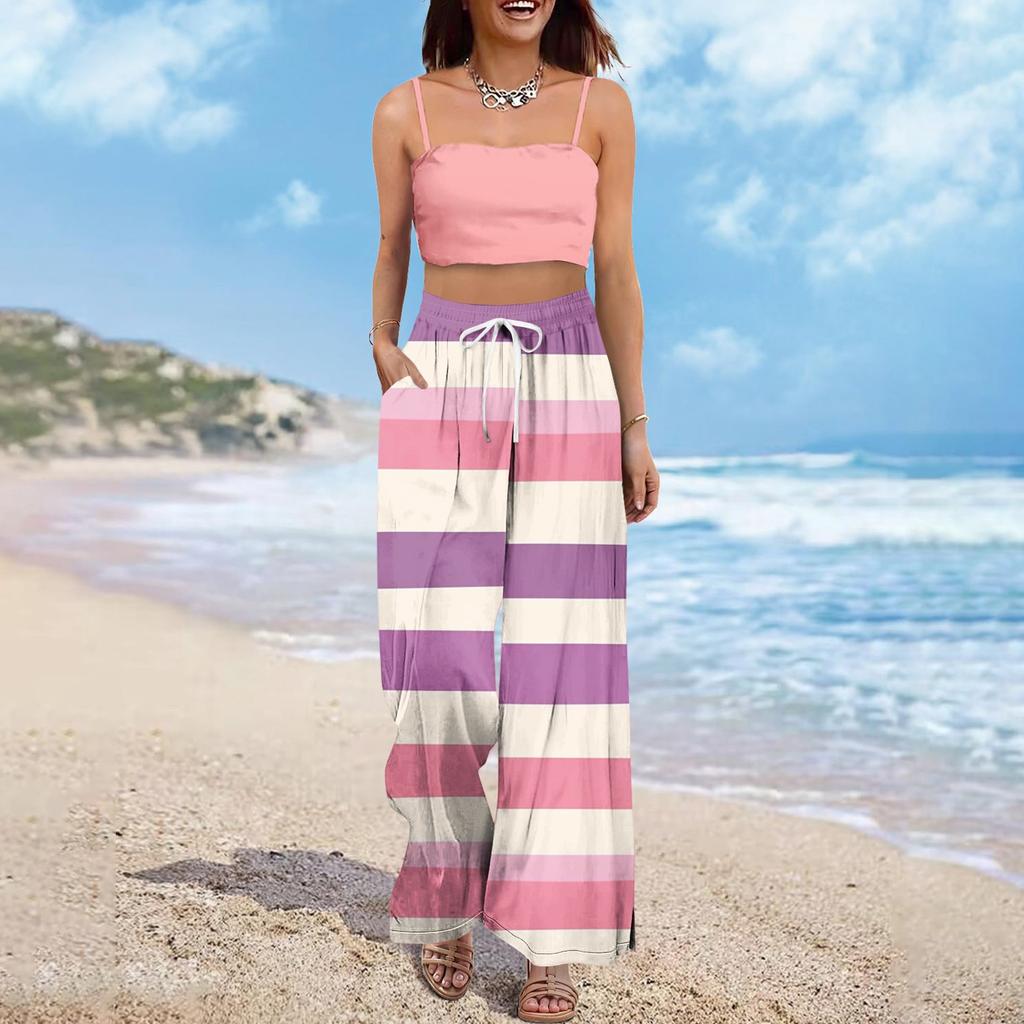 Women's Wide Leg Pants With Elastic Waistband Printing Large Pockets Patchwork Edge, Loose Pants