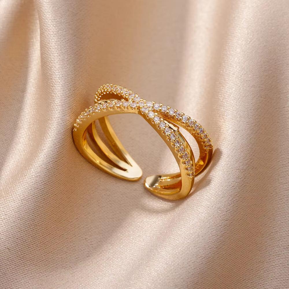 Gold Plated Stainless Steel Crystal Rings For Women Chain Geometry Zircon Finger Ring Jewelry Gift anillos mujer 2025 New Trendy