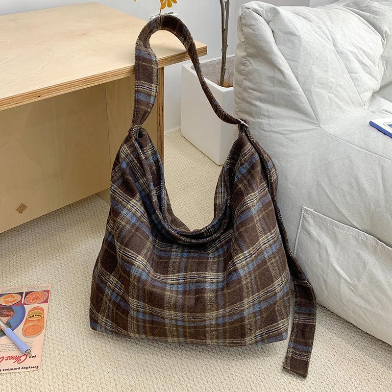 

Шерстяная клетчатая сумка-мессенджер Женская повседневная сумка-тоут для работы и учебы Студенческая универсальная наплечная сумка One size