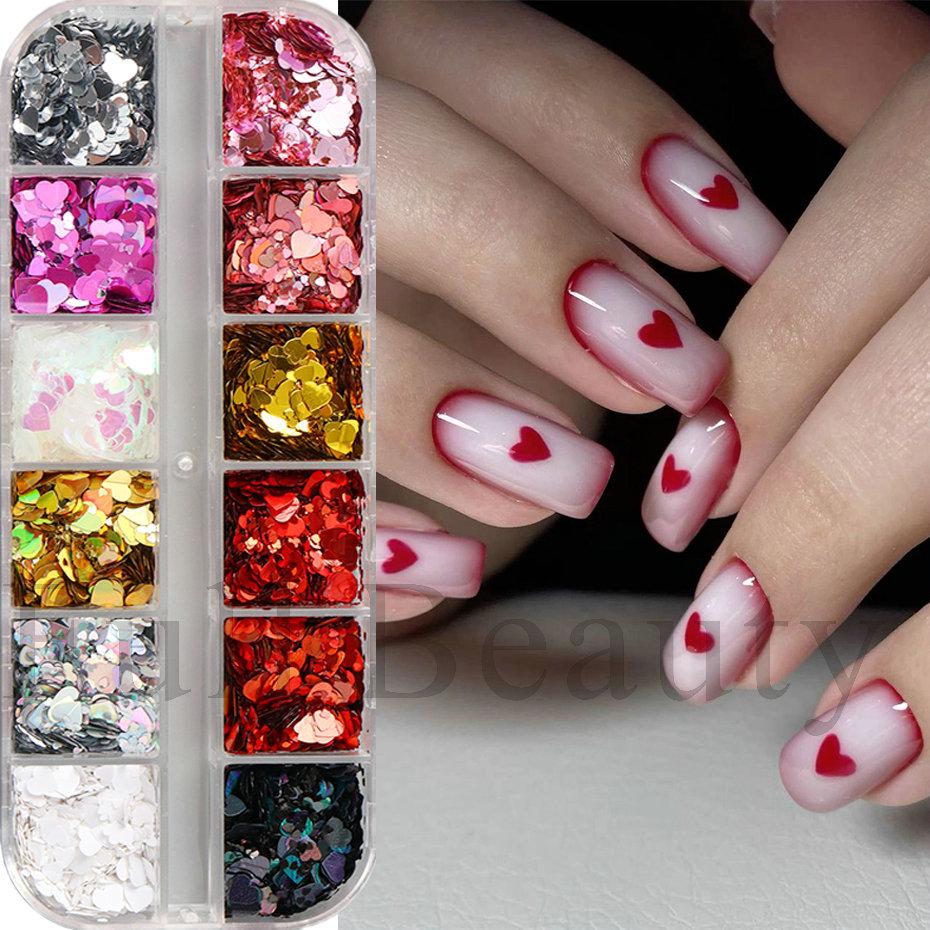 Nail Sequins 12 Boxes Mixed Sizes Love Sequins Romantic Valentine's Day Nail Sequins