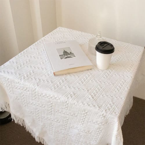 White Knitted Tablecloth, Small Knitted Tablecloth with Tassels, Bedside Tablecloth, Single Sofa Cover, Tablecloth for Small Coffee Table (90*90cm)