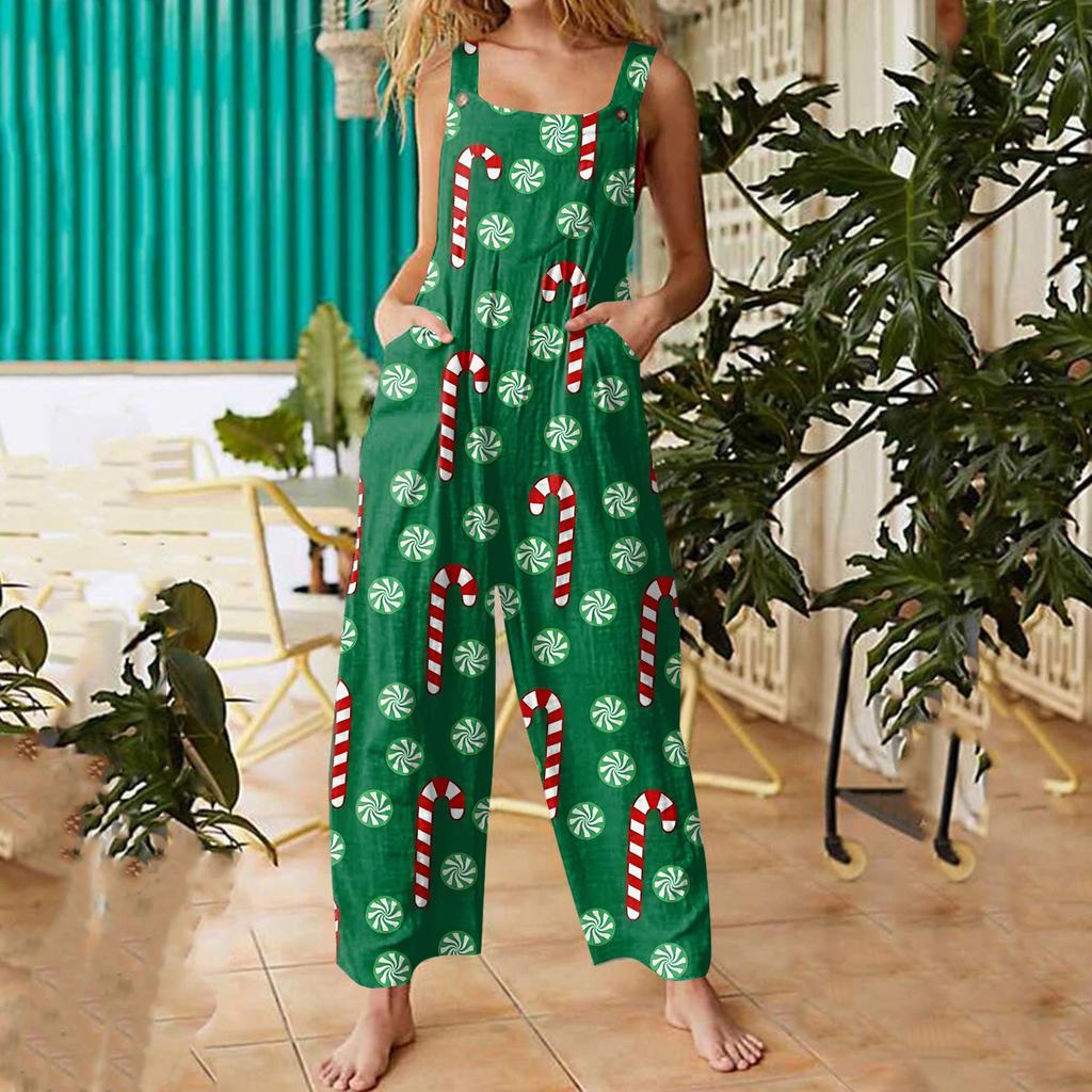 Women's Fashion Christmas Print Casual Retro Sleeveless Button Jumpsuit