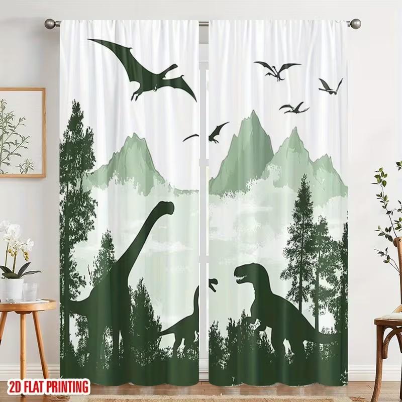 

2 Pcs Dinosaur print curtains,suitable for bedroom,living room kitchen decoration,home decoration,window decoration 14Wx39L(35x100CM)x2&Rod Pocket
