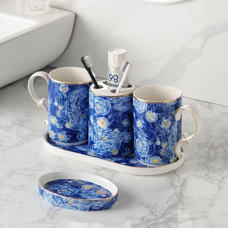 European Ceramic Blue Bathroom Five-piece Set Gold Border Gargle Cup Shampoo Bottle Soap Dish Wedding Gift Bathroom Accessories