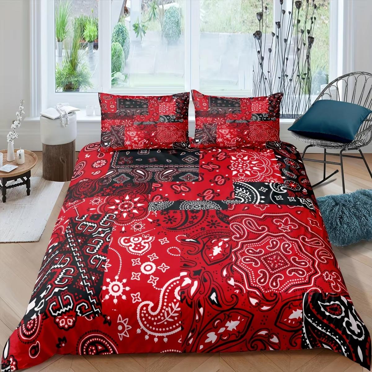 

2/3Pcs Paisley Bandanna Printed Duvet Cover Comfortable Paisley Flowers Bedding Set For Bedroom , Machine Washable full красный