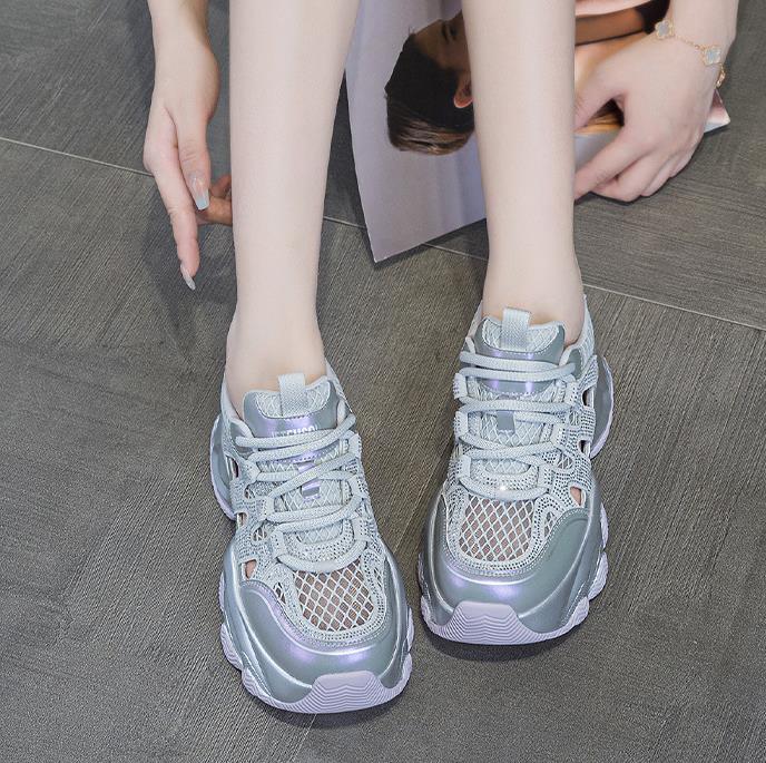 7CM Air Mesh PU Synthetic Flats Summer Women Chunky Sneakers Slippers Platform Wedge Microfiber Leather Bling Sandals Shoes