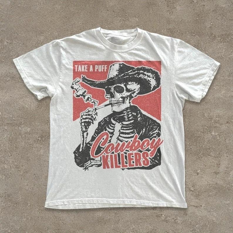

Y2k Vintage Tops Cowboy Killers Funny Skull Graphic Print Cotton TShirt Vintage Western Grunge Edgy Alt Short Sleeve Clothing S