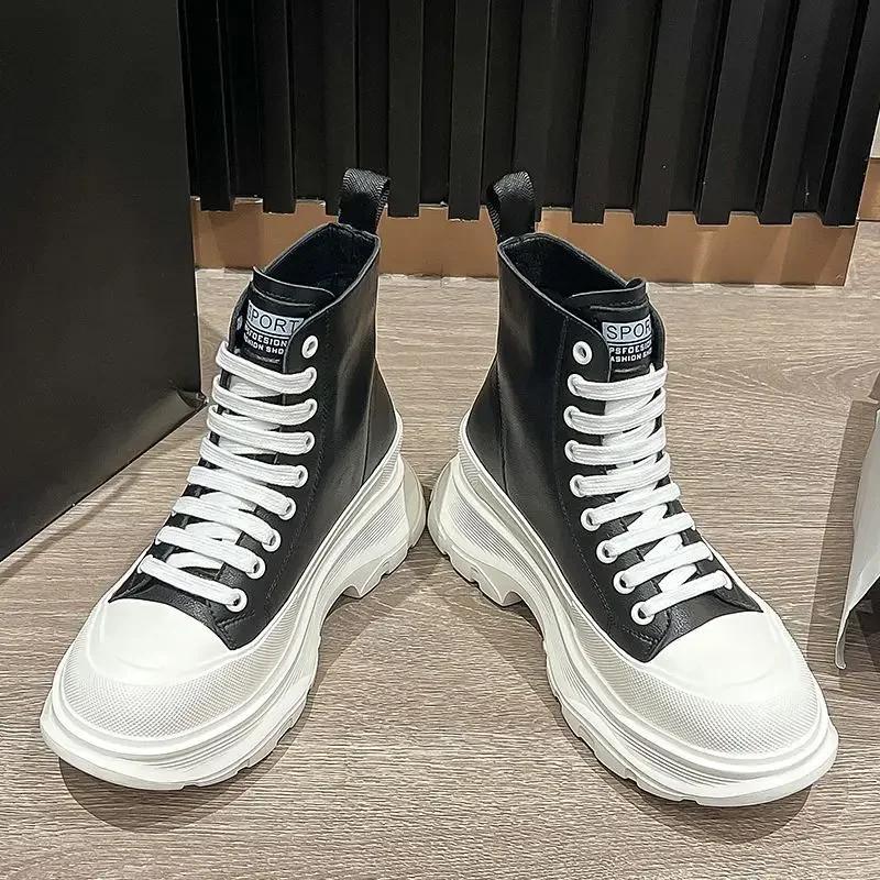 Fashion Woman Short Shoes With Laces Black Canvas Lace-up Booties Pu Autumn Hot Fashion 2024 Footwear New In Y2k Ankle Boots for Women