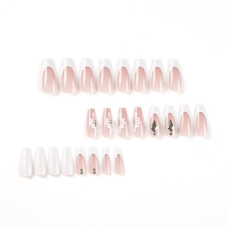 24Pcs/Set Quick Nails French White Edge Florets False Nials Sticker Wearable Waterproof Manicure Finished Nails