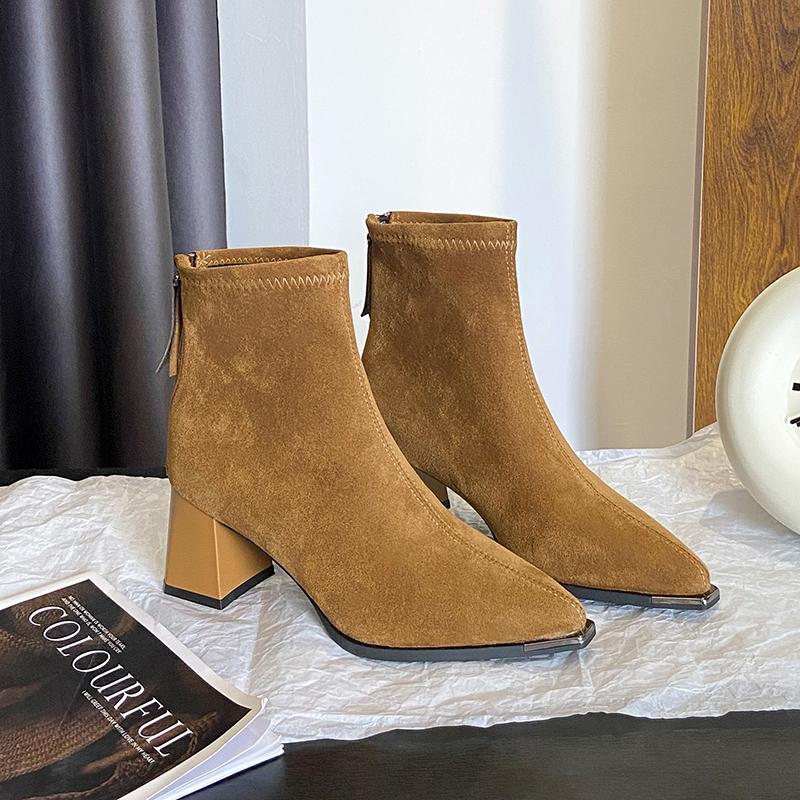 Autumn Winter Suede Women Ankle Boots Sexy Thick High Heels Pointed Toe Shoes Modern Short Botas Para Mujer