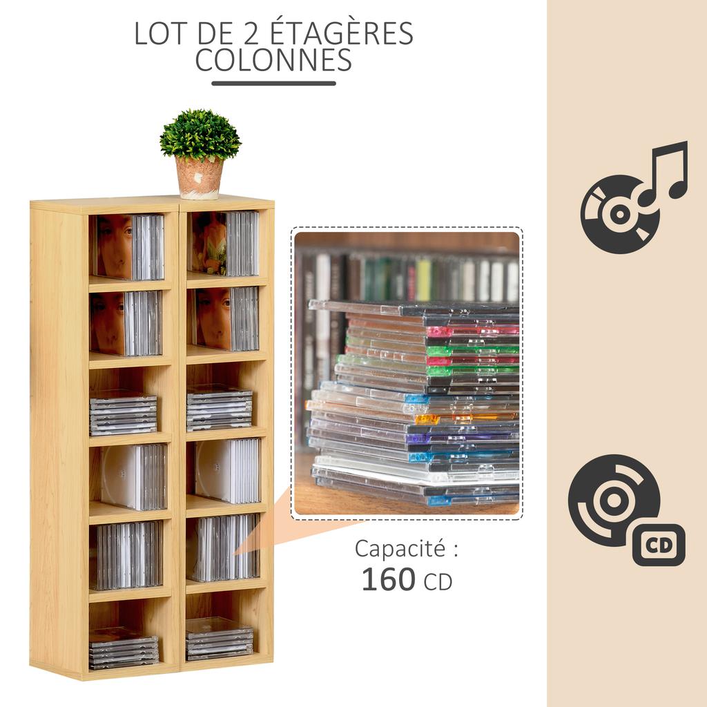 Set di 2 Scaffali a Colonna Armadietto per CD-DVD 6 + 6 Scomparti Dim. 21L x 19P x 88A cm Max. Capacità 160 CD Colore Faggio