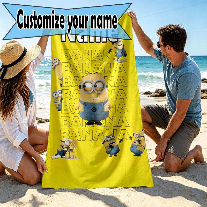 Custom Name Personalized Minions Print Beach Towel, for Trip Camping Beach Party Home Decor, Birthday Gift for Family & Friends