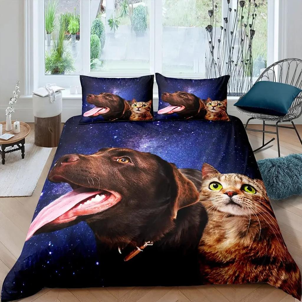 Cute Cat Dog Duvet Cover Set Pug Bedding Set Kawaii Puppy Animal Comforter Cover Valentine's Day Love Heart Wedding Quilt Covers