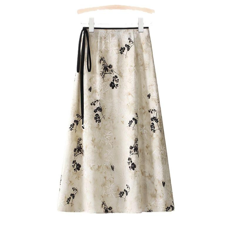 Summer Women's Jacquard Satin Skirt Slimming Casual Printed Mid-skirt Temperament Versatile Chinese Style Skirt