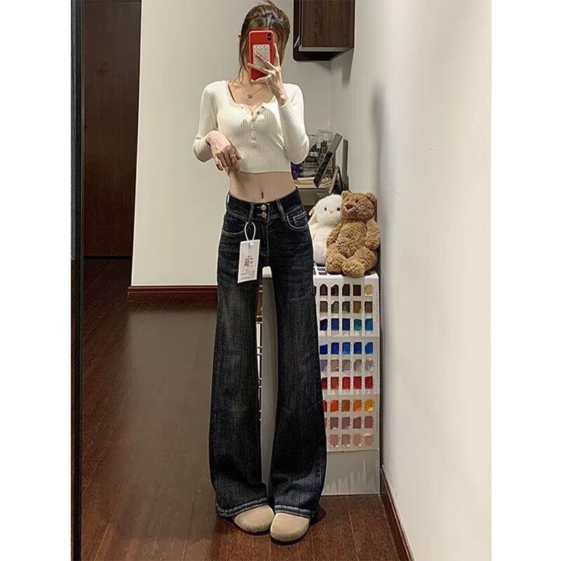 American retro micro-flared jeans women's autumn and winter double-button high-waisted slim-fitting and thin versatile flared floor-mopping horseshoe
