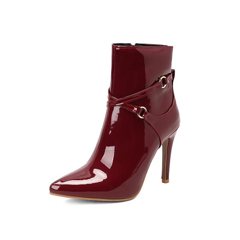 Winter High Heels Boots Women Ankle New Glossy Patent Leather Stilettos Pointed Toe Cross Bandage Zip Plus Size 34-50 Shoes