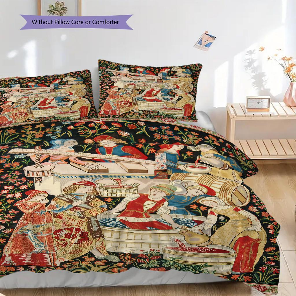 Medieval Court Life and Grape Harvesting Bedding, Duvet Cover, Pillowcase, Home Decoration, Birthday Gift (1 * Duvet Cover+2 * Pillowcase, Coreless)