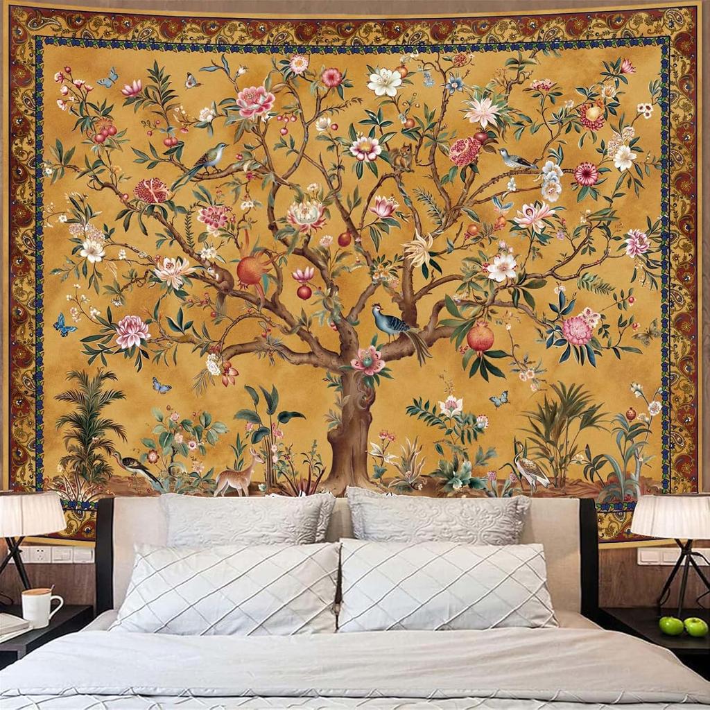 Vintage Floral Bird Leaf Print Tapestry Bohemian Aesthetic Wall Decor Polyester for Living Room Bedroom Home Decor