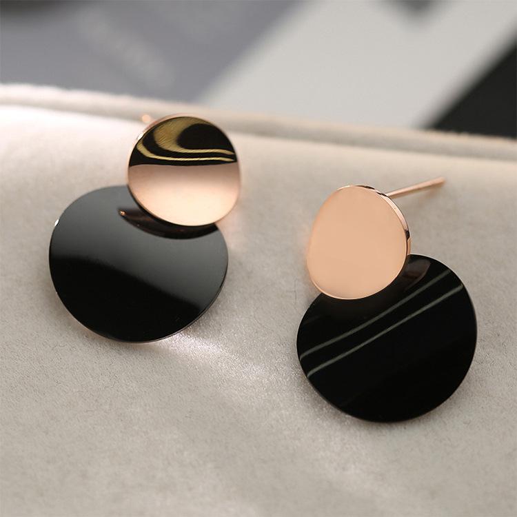 Retro Black Geometric Circle & Rhombus Titanium Stud Earrings - Korean Fashion Ear Accessories Circle