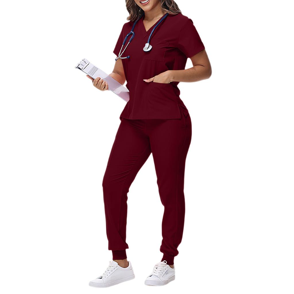 Women's Loose And Comfortable V-neck Short Sleeved Workwear With Tie Up Top And Waist Cinching Beauty Suit Set