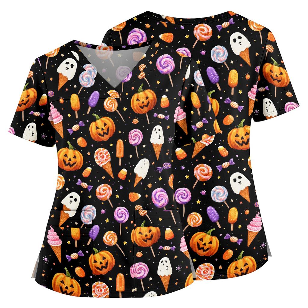 Halloween Print V Neck Medical Scrub Top with Pockets Side Slits Short Sleeve Nurse Uniform Shirt for Women
