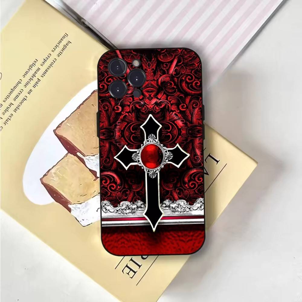 Gothic Cross Skull Y2K Phone Case For iPhone 6,17,16,15,14,13,12,11 Plus,Pro Max,XS,X,XR,SE,Mini,8,7,Soft Silicone Black Cover