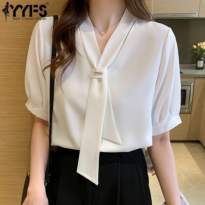 

Жіночі модні повсякденні літні весняні одноколірні блузки та сорочки з коротким рукавом і V-подібним вирізом із принтом YYFS S білий