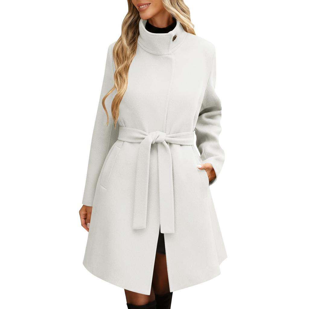 Women's Long Sleeve Belted Overcoat with Stand Collar and Button Closure Classic Fit for Autumn and Winter Outwear