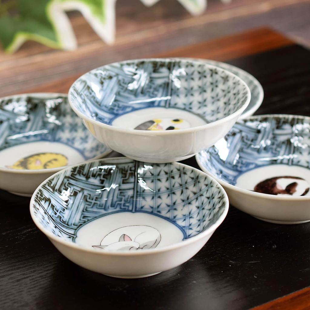 Waza no Kura Stylish Tableware, Kutani Ware Small Bowls, Set of 5, Sleeping Cat Design, Ceramic, High-End Brand, Japanese Tableware, Traditional Japan