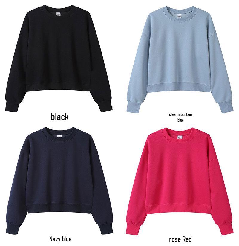 Trendy Women's Cropped Sweatshirt - Plain Color, Loose Fit, Versatile Round Neck Autumn/Winter Top
