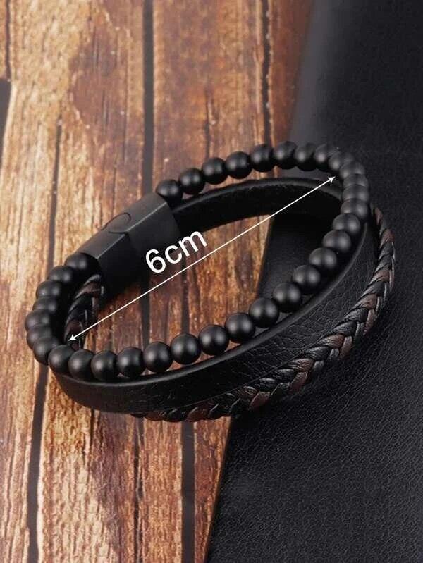 

Многостильный браслет из вулканического камня или камня «тигровый глаз» и ПУ-кожи, трехслойный, мужской, деловой, для досуга, подарок для мужчин